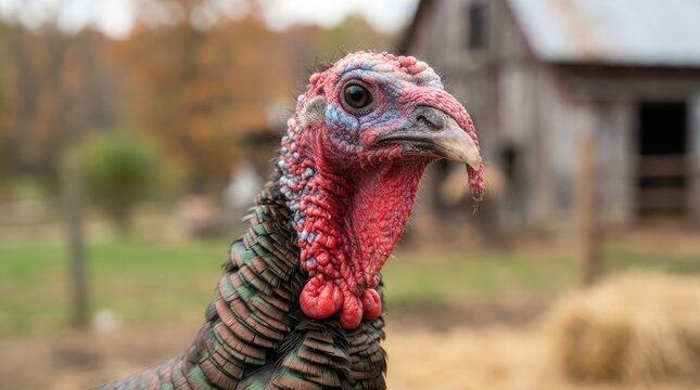 Close up portrait of a male turkey standing on a farm with a blurred barn in the background