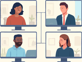 Fototapeta premium Four diverse people participating in a video conference call on their computer screens, illustrating remote work and online communication.