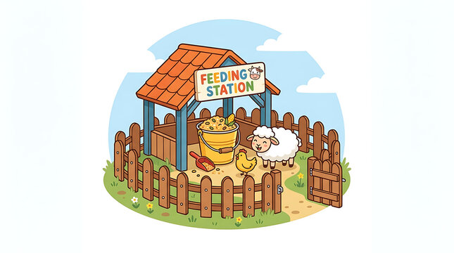 Cartoon sheep and chicken inside a farm feeding station with a bucket of grains