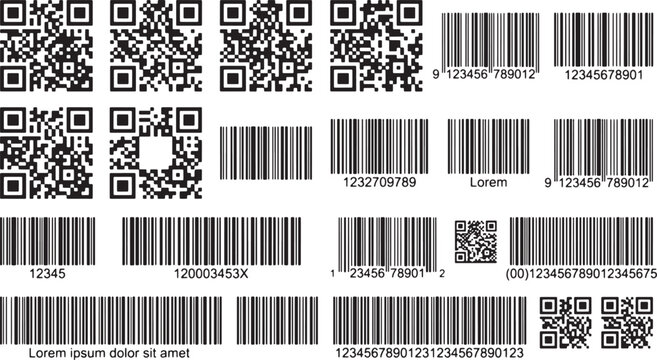 Assorted qr codes and barcodes for product identification and digital scanning in black and white