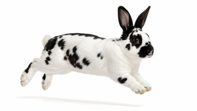 black-and-white spotted rabbit is captured mid-leap against a white background.