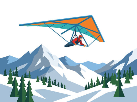 Hang glider pilot over snowy mountains