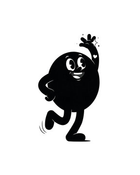 Retro cartoon black blob character walking and waving happily with vintage style retro animation waving hand walking creature cute monster rubber hose