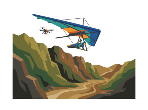 Hang glider pilot and drone flying over canyon