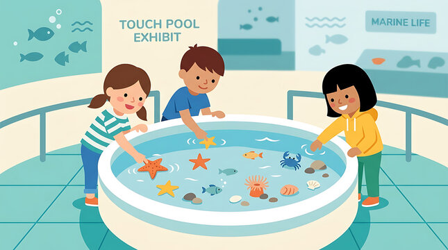 Three diverse children observing marine life at an interactive aquarium touch pool exhibit