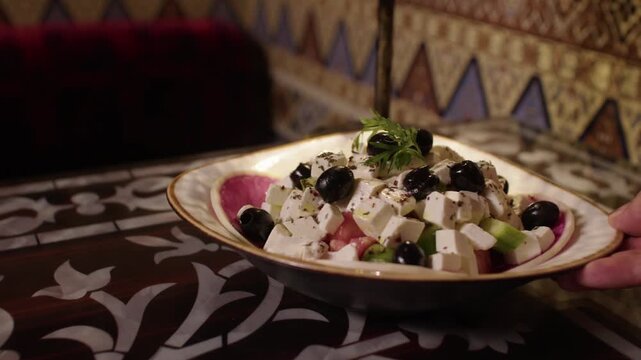 Hand places a fresh salad with feta and olives on a patterned restaurant table