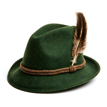 Green Felt Alpine Hat with Feather for Oktoberfest or Outdoor Themes, Isolated on White Background