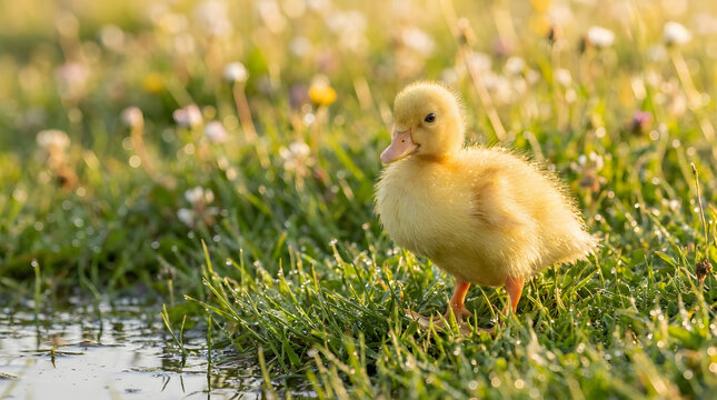 Yellow fluffy duckling amidst green grass field and tiny white and yellow flowers. Suitable for spring or animalthemed designs.