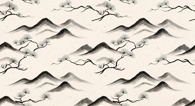 Japanese traditional ink wash mountain and pine tree seamless pattern