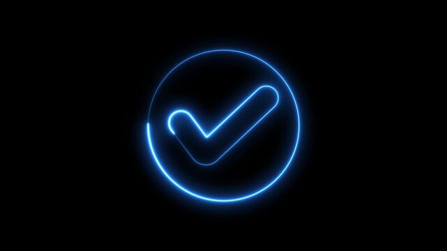 Glowing neon checkmark animation, blue success symbol on black background, for ui tick