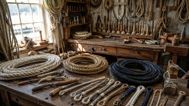 Ropes and tools in a workshop with a wooden table and various lengths of rope displayed for crafting various materials used in sailing and fishing tasks
