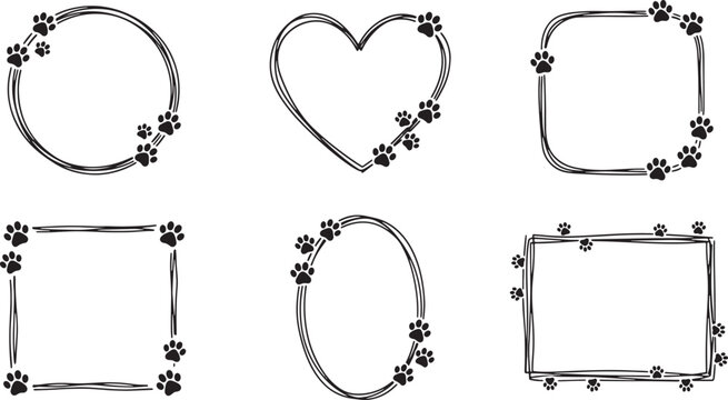 Paw print frame collection, featuring various geometric shapes and animal footprint borders