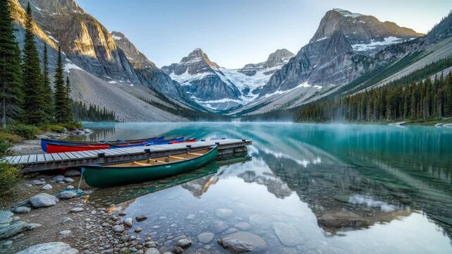 Scenic alpine lake with vibrant blue water and canoes near a wooden dock reflecting snow-capped mountain range under clear blue sky