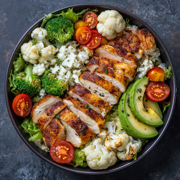 Top view of healthy diet salad with grilled chicken broccoli cauliflower tomato lettuce avocad 