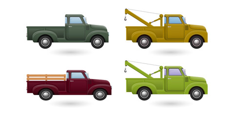 Vintage tow trucks and pickups in various colors transparent background © MSTSAKHINA