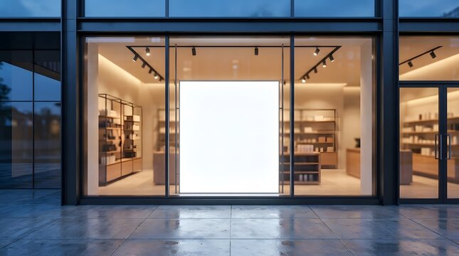 Modern retail store exterior with a large blank white billboard for advertising and branding mockups