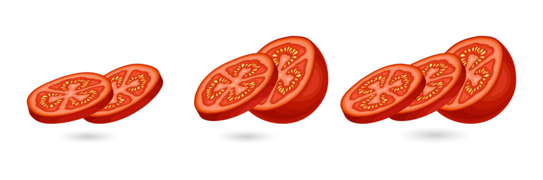 Juicy sliced tomatoes falling on transparent background