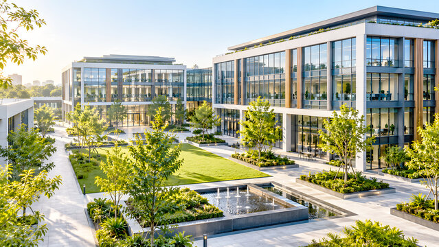 Modern office building complex with glass facade and landscaped courtyard garden at sunset.