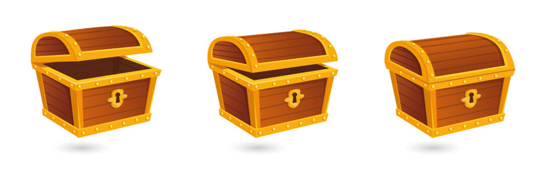 Golden treasure chests in various states of opening on transparent background