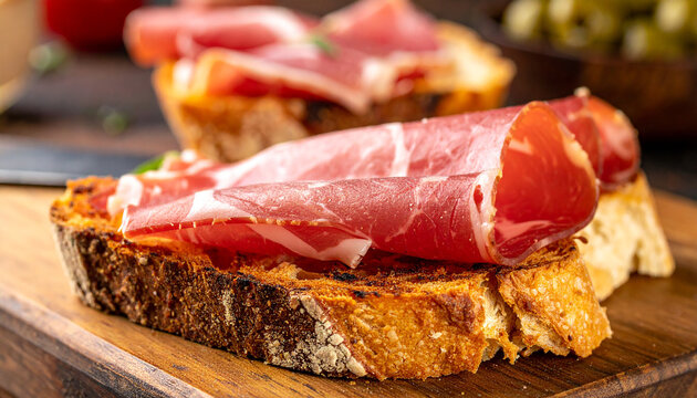 Traditional Spanish tapas with delicate slices of cured ham layered over freshly toasted rustic bread, Mediterranean restaurant atmosphere, tasty food. Close-up.