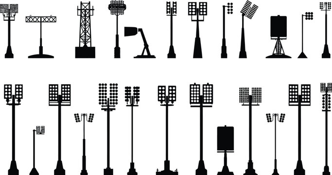Comprehensive Collection of Stadium Light Silhouettes and Arena Floodlights Vector Icons. Featuring Sports Field Lighting Towers, Industrial Lamp Poles, and Urban Street Design Elements.