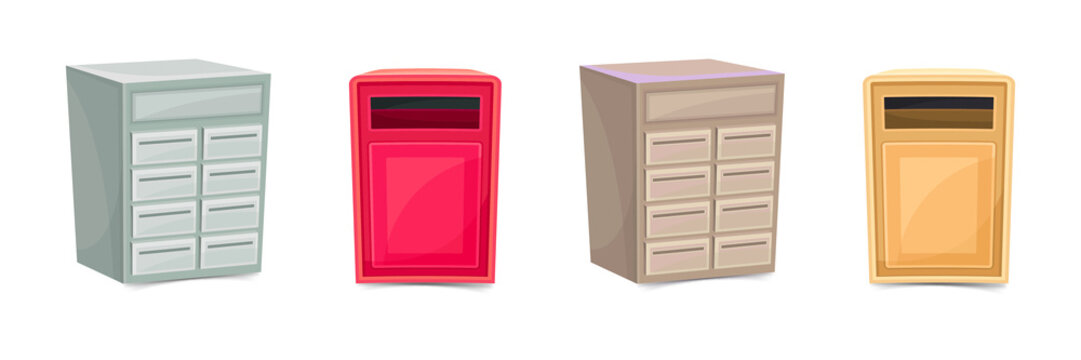 Colorful illustration of four mailboxes in different colors on transparent background