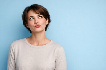 Obraz premium Thoughtful Young Woman Looking Up With Curious Expression and Blue Copy Space Background