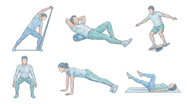 Functional Fitness Balance Training and Mobility Exercise Low Poly Character Set