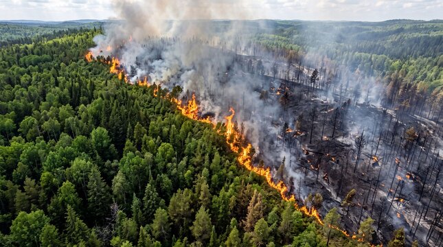 Devastating wildfire with active flames and smoke spreading through green coniferous forest, showing burned area and fire line from drone perspective.