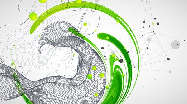 Abstract background with fluid green shapes, wireframe 3D grid wave, topographic lines and plexus network