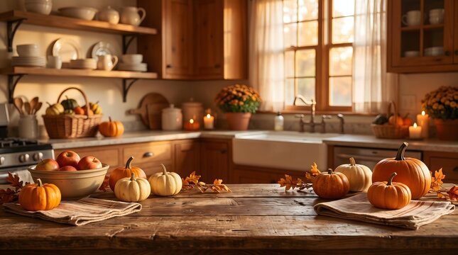 Cozy rustic kitchen decorated for autumn with pumpkins and fall harvest decor on a wooden countertop