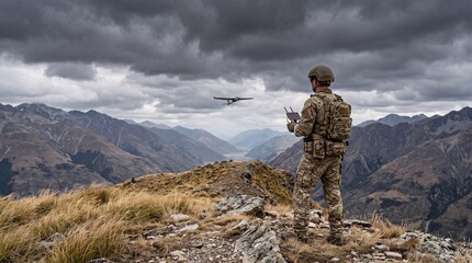 Obraz premium Military soldier in camouflage uniform operating unmanned surveillance drone with remote controller on mountain ridge under dramatic overcast sky.