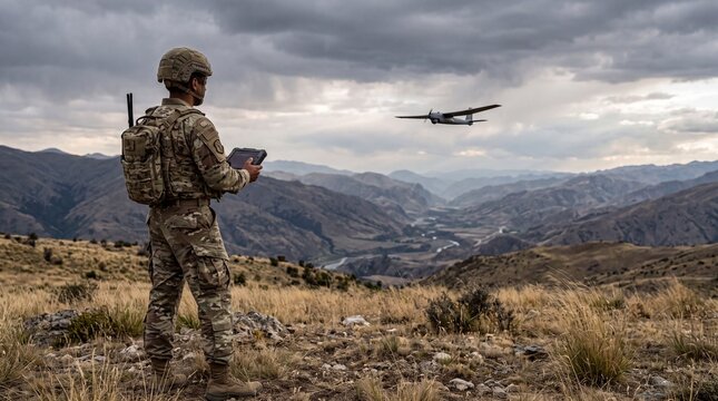 Military soldier in camouflage gear operating reconnaissance drone over rugged mountain landscape.