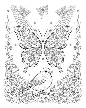 Butterfly and bird surrounded by flowers and botanical elements coloring page with line art black and white coloring book adult coloring butterfly botanical