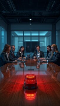 A business team gathers around a conference table with a glowing red emergency beacon, creating a tense crisis management and decision-making atmosphere.