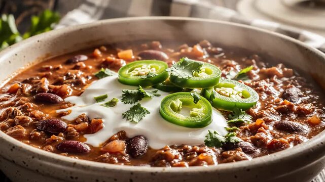Steaming ceramic bowl of beef chili con carne with kidney beans, topped with white sour cream, fresh sliced jalape&ntilde;os, and cilantro on a dark rustic wooden table background.