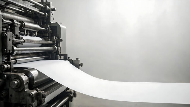Close-up view of a printing press machine with a continuous roll of paper being fed through its mechanisms, showcasing industrial production
