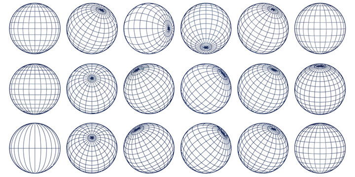 Wireframe globe grid spheres vector set - blueprint latitude and longitude coordinate orbs, technical mapping circles with editable stroke.