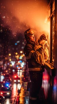 Firefighter man rescuing a dog from a burning building, symbolizing bravery and animal safety. Fire safety and prevention.