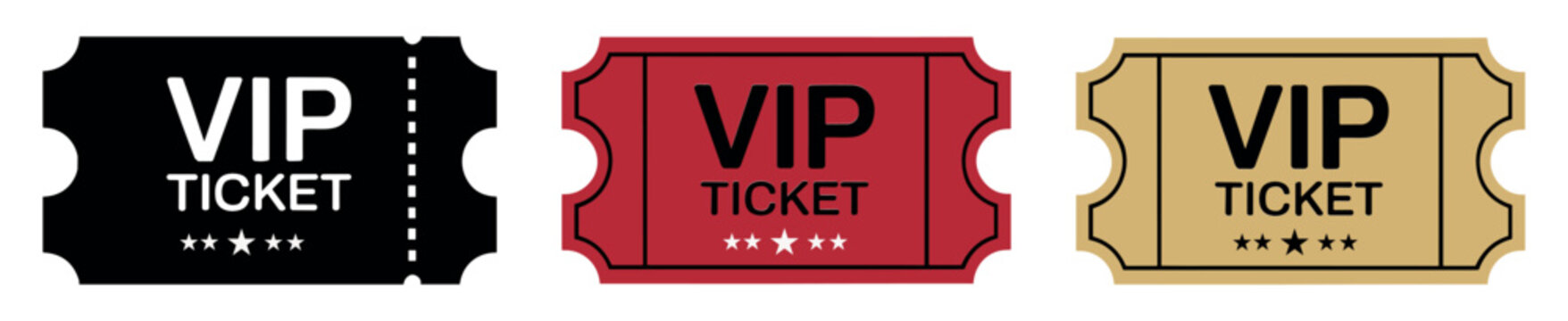 VIP Ticket Collection: Three distinctive VIP tickets in black, red, and gold hues, each featuring the prominent VIP TICKET text, symbolizing exclusive access and premium entry.