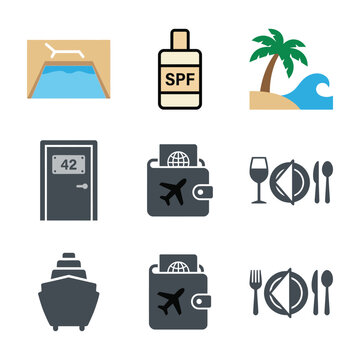 Travel and vacation icon set including pool, sunscreen, beach, hotel room, wallet, cruise ship and dinner