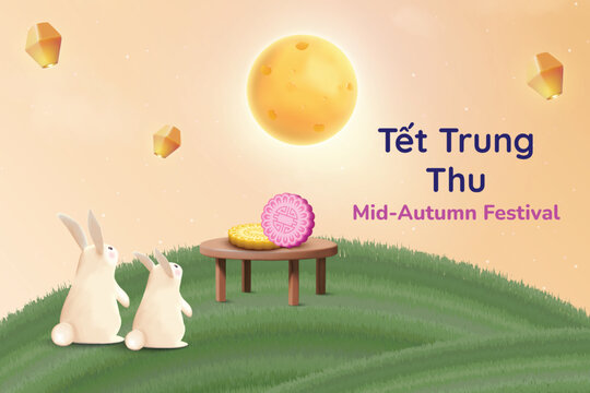 3D Cute Jade Rabbits With Delicious Mooncake, Lanterns and Moon On Park Background. Tết Trung Thu Festival Banner Vector Illustration for Greetings, E-commerce Sale, Etc.