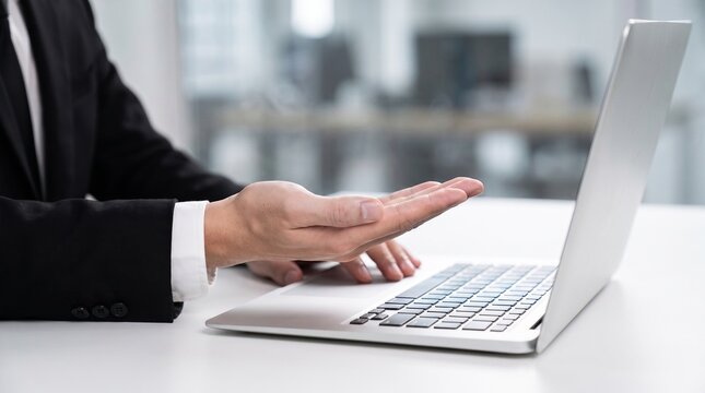 presenting digital content and online services. virtual product demonstration. business solution showcase. businessman holding open palm over laptop keyboard.

