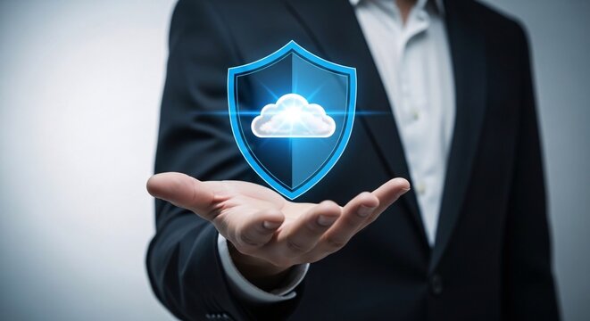 Businessman holding a digital cloud security shield icon representing cloud protection and cybersecurity solutions for data safety and privacy in modern technology environments