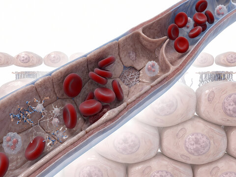 Longitudinal section 3D model of vein valve mechanism with erythrocytes, leukocytes, and background cellular tissue