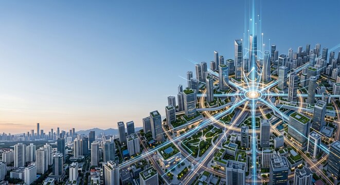 Smart city digital twin network with futuristic infrastructure, data hub and connected modern cityscape at sunset