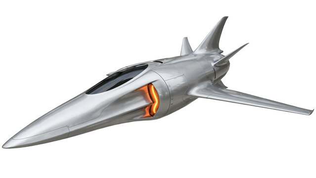 Sleek silver futuristic jet aircraft with glowing orange engine intake vents isolated on a transparent background