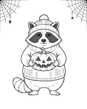 Cute raccoon wearing winter hat and sweater holding a jack o lantern pumpkin for halloween coloring page with spider web black and white line art masked anima