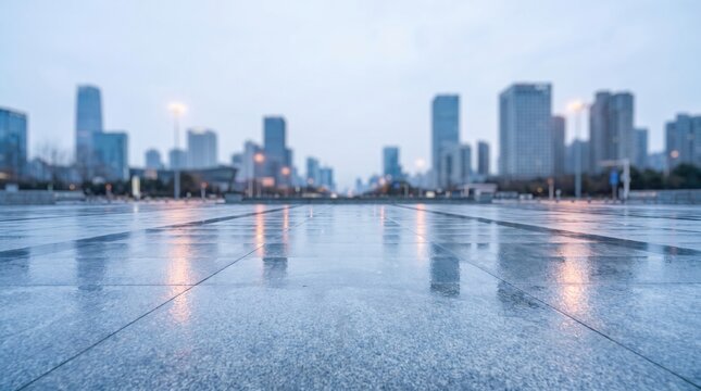Modern city skyline with wet ground reflecting urban buildings after rain, showcasing contemporary architecture.