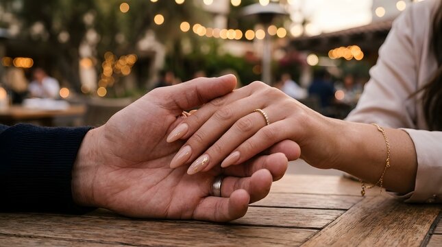 Romantic Couple Holding Hands with Elegant Nude Nail Extensions in Warm Light